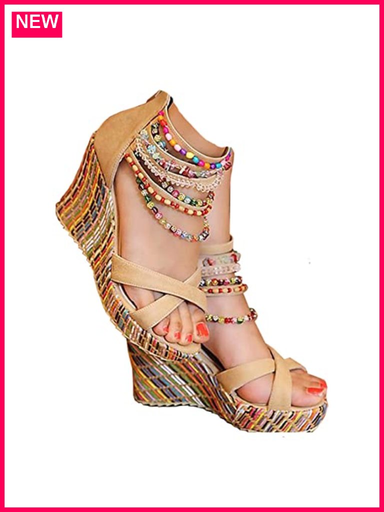 Women's Platform Wedge Sandals Pearls Across Top Ankle Strap Lace Flower